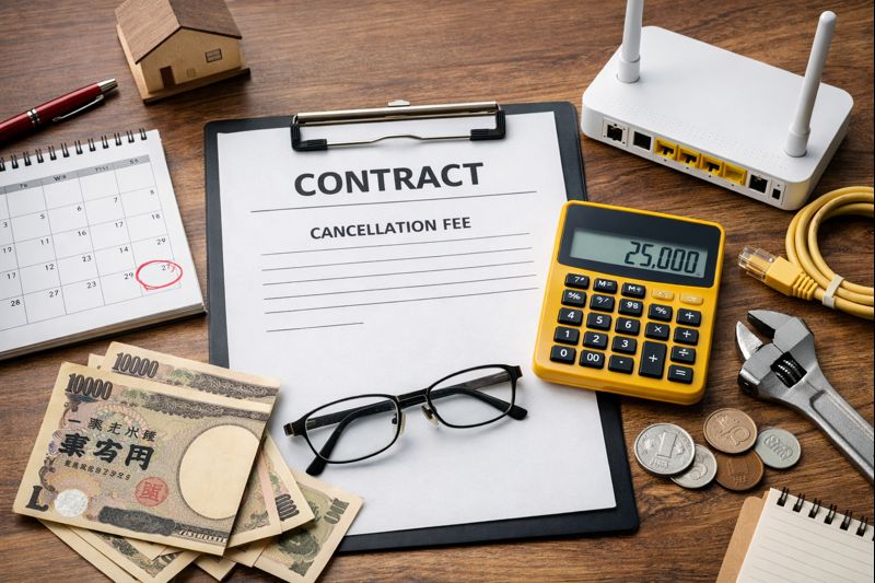 光回線の解約金や違約金を確認し、乗り換え費用を計算しているイメージ