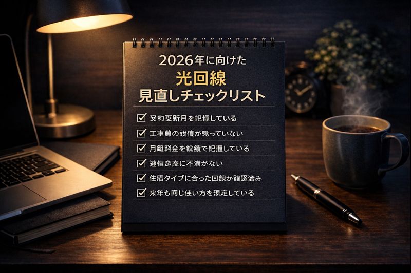 2026年に向けて光回線を見直すためのチェックリストを机の上で確認している年末のイメージ